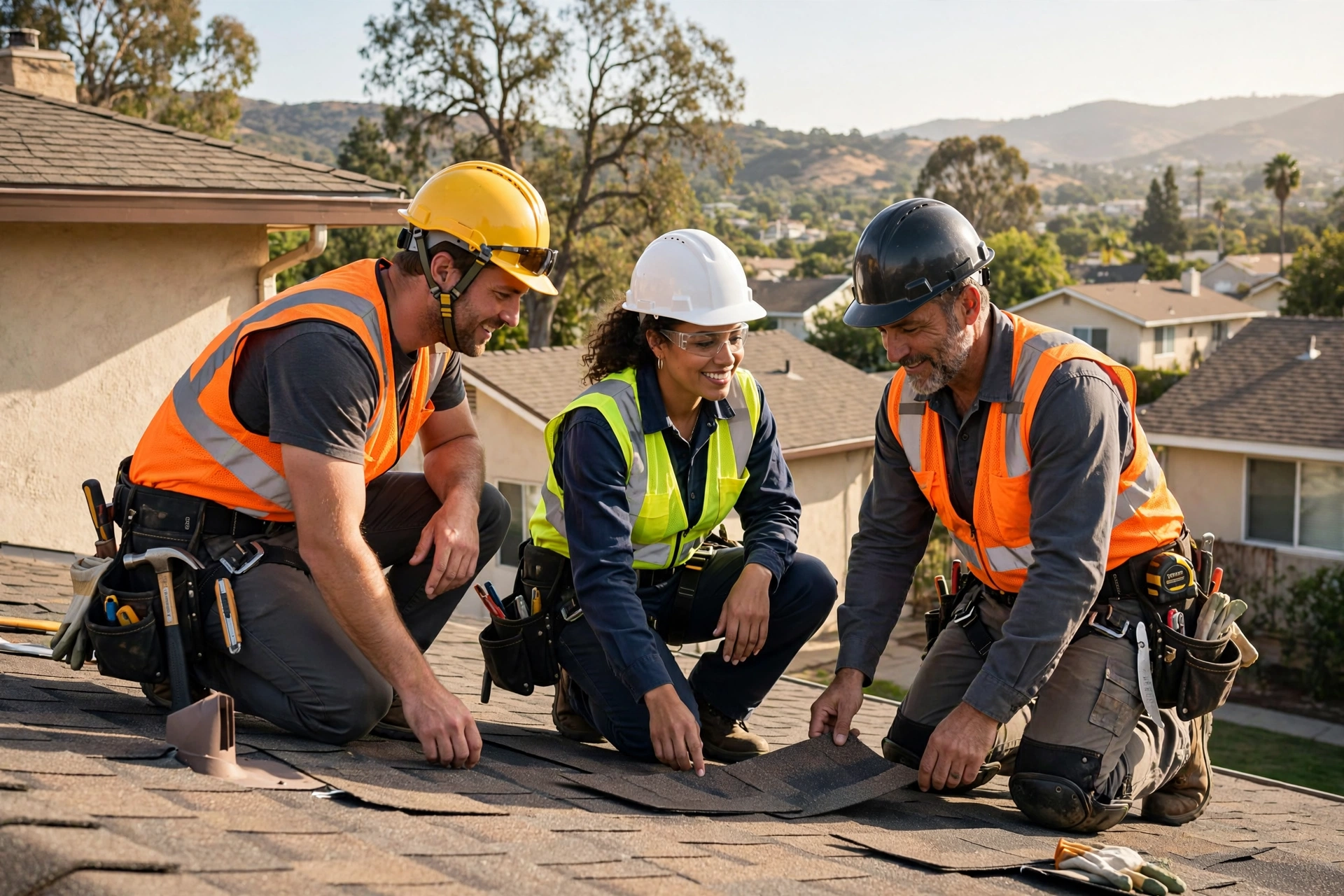 Roof Leak Repair Masters roofing technician inspecting a residential roof in Campbell
