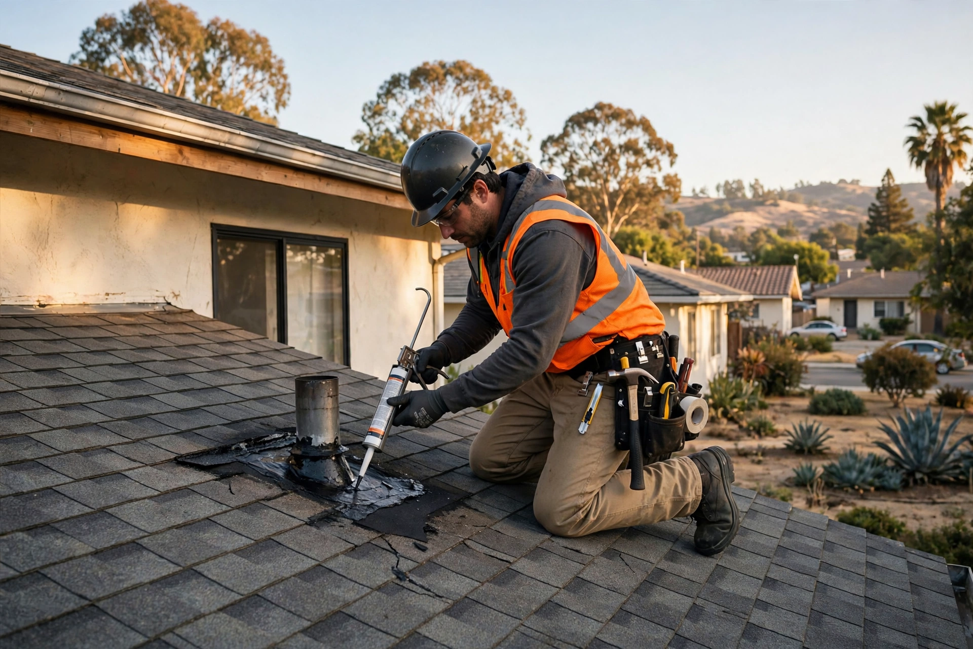 Roofing technician repairing a roof leak on a Campbell home